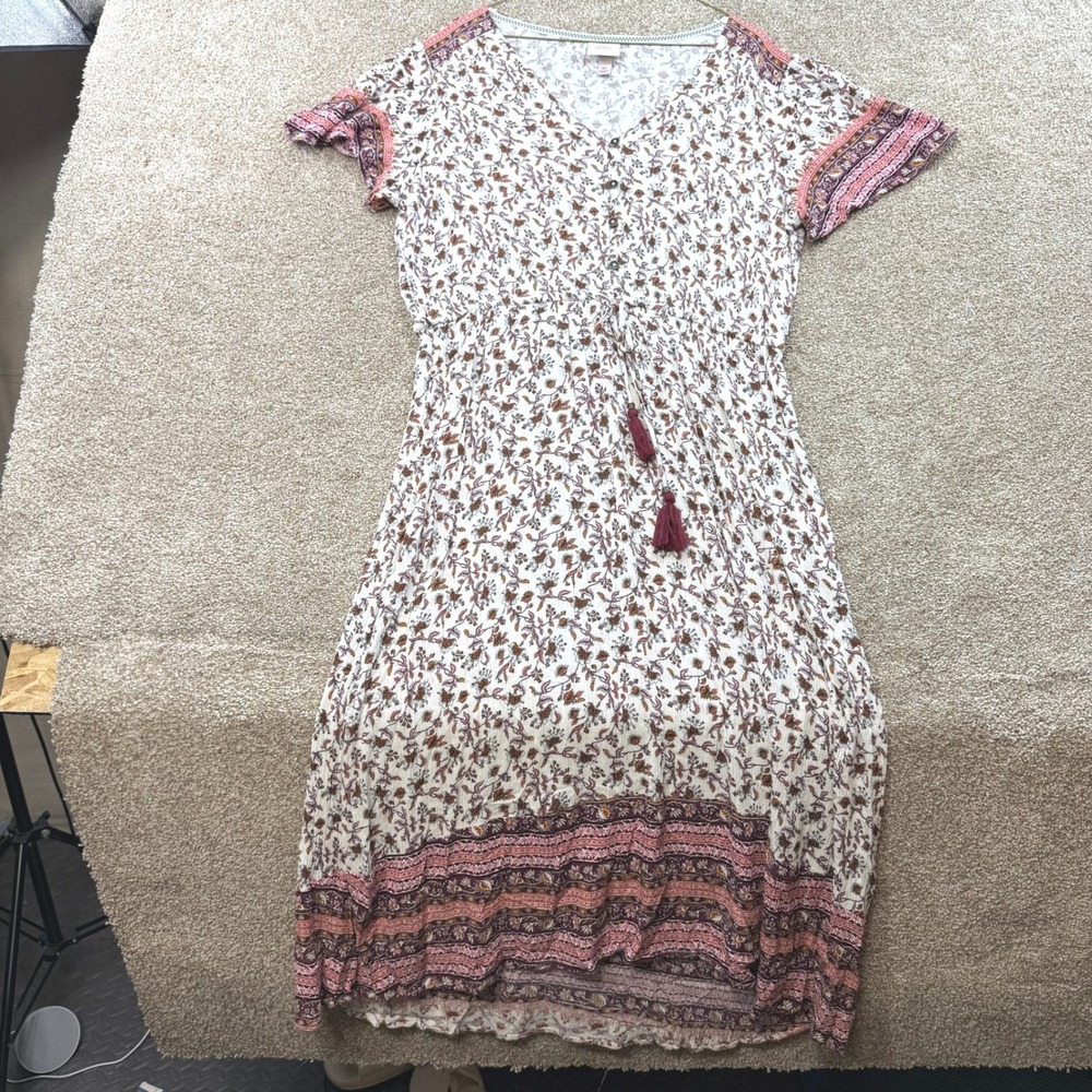 Knox Rose Womens XL Floral High-Low Midi Dress White Burgundy Tassel Boho Floral